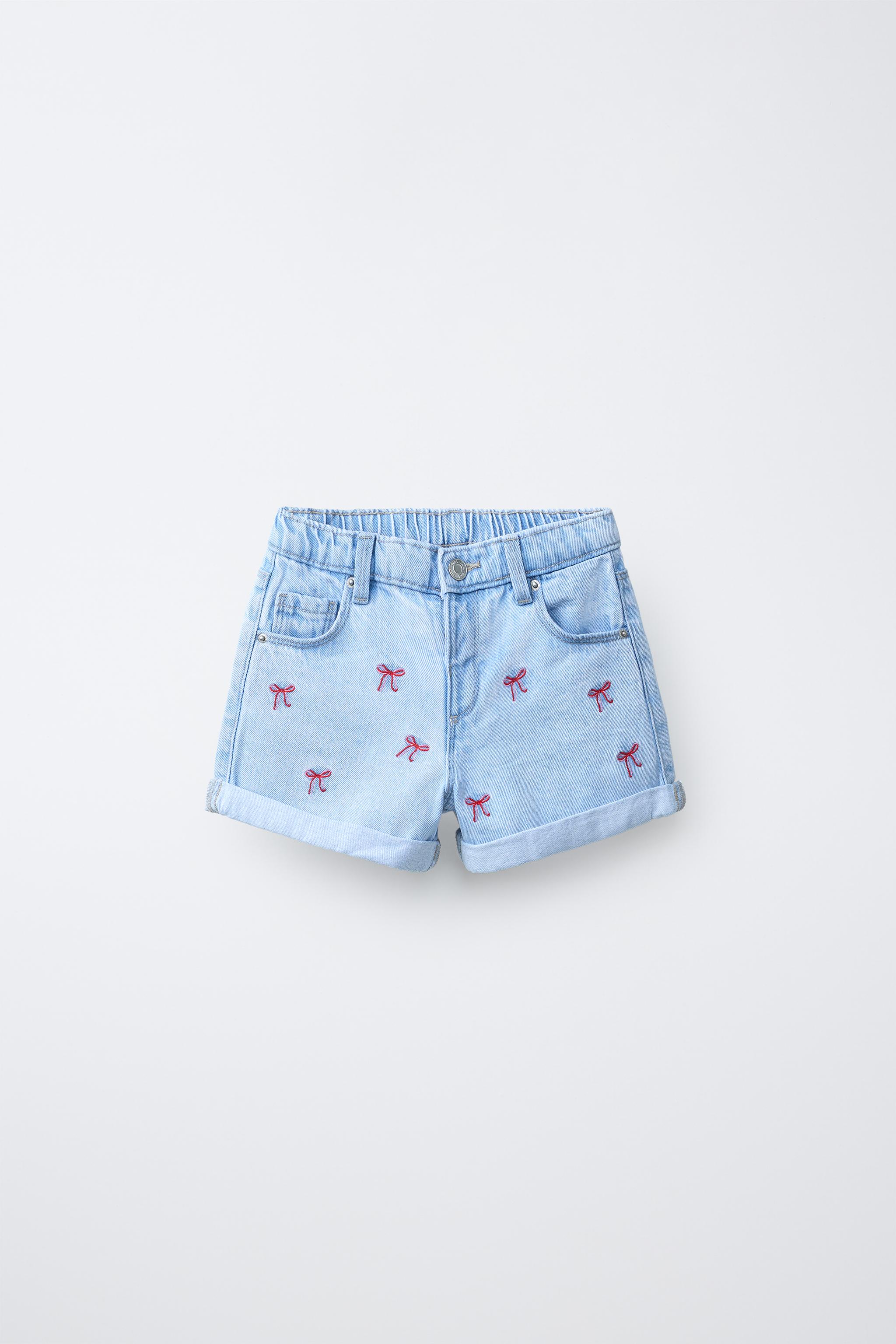 MOM FIT DENIM SHORTS WITH EMBROIDERED BOWS